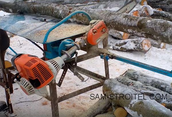 Самодельный станок для пилки дров сделанный из мотокосы Самодельный станок для пилки дров сделанный из мотокосы
